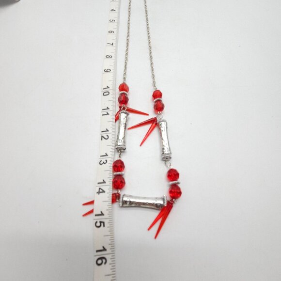 Red Silver Beaded Necklace With Geometric Accents And Chain No Clasp - Picture 5 of 5